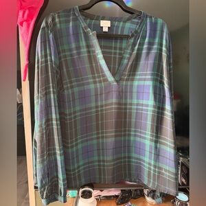 a new day Blue and Green Plaid V-Neck Blouse